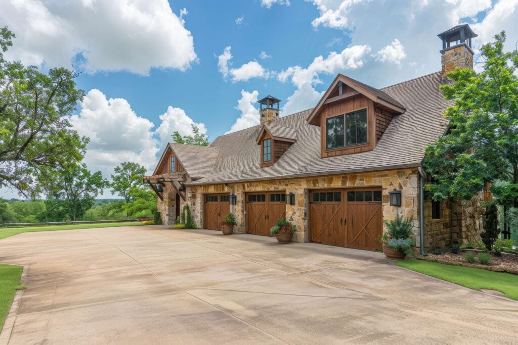 Rustic stone and timber country home with a three-car wood barn-style garage and long concrete driveway