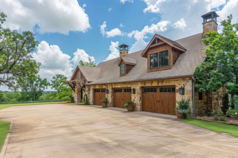 Rustic stone and timber country home with a three-car wood barn-style garage and long concrete driveway